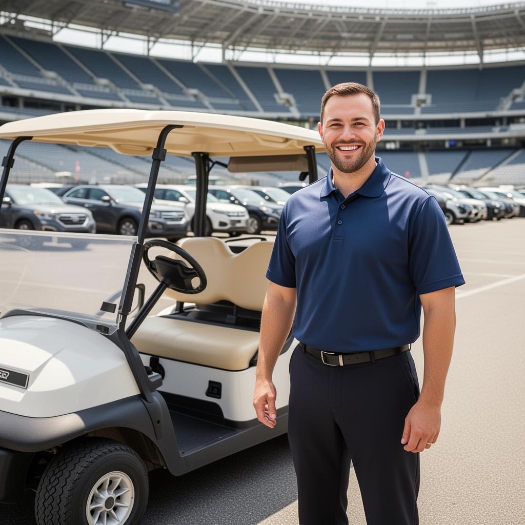 A Curbside Carts driver standing next to a clean golf cart at a stadium